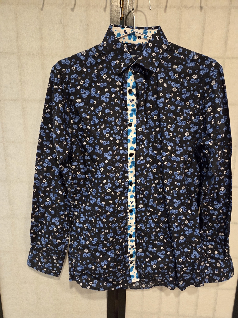 Milano Black Button-Down Shirt with Blue Floral Print and White Trim